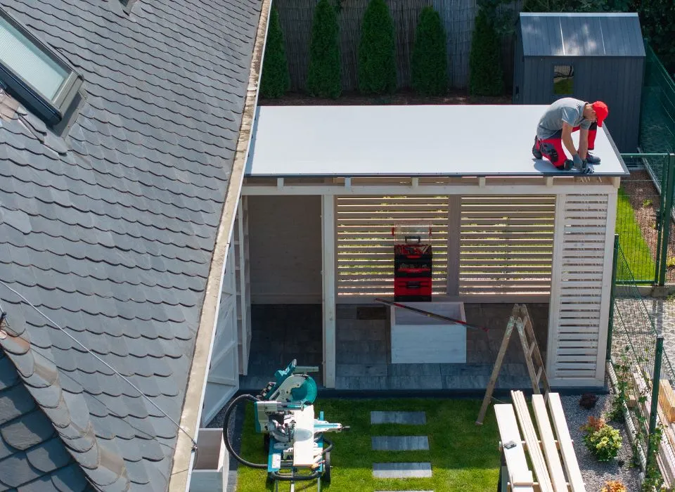 Full view of a custom modern pergola installation enhancing a luxury backyard in Los Angeles by Dream Patios LA.